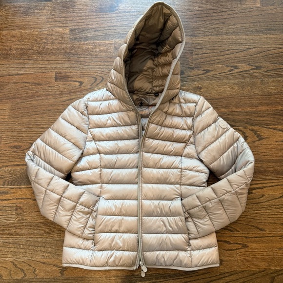 SAVE THE DUCK Alexis Shore Beige Hooded Puffer Jacket Sz 2/M 100% animal free - Picture 11 of 12